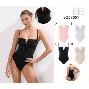 Maillot de bain une pièce HDJ grande taille, col en V profond, contrôle du ventre, taille haute, couleur unie, pour femme SQ67051 - Product Image 1