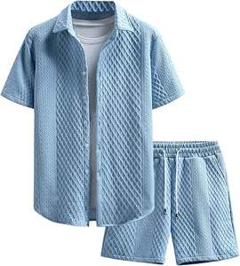 Erkek 2 parça Polo GÖMLEK ve kısa kollu kıyafetler Waffle örgü düğme aşağı gömlek üst ve şortlar Set - Product Image 2