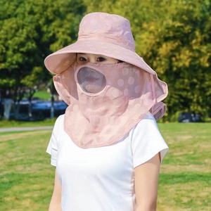 Sombrero para recolección de té para mujer, protección solar, cubre rostro, transpirable, ligero, para verano, trabajo en la granja, diseño gris de lunares - Product Image 2