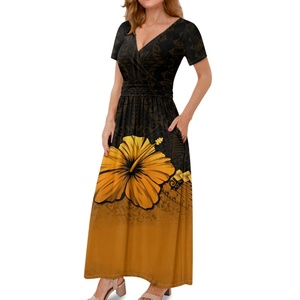 Robe <span class=keywords><strong>en</strong></span> tricot <span class=keywords><strong>pour</strong></span> femmes à imprimé de fleurs <span class=keywords><strong>en</strong></span> plumeria jaune style hawaï<span class=keywords><strong>en</strong></span> robe longue à manches courtes robes <span class=keywords><strong>pour</strong></span> femmes <span class=keywords><strong>pour</strong></span> les occasions spéciales - Product Image 4