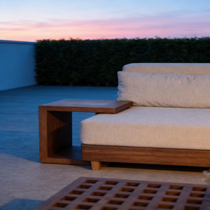 Ensemble de <span class=keywords><strong>salon</strong></span> de <span class=keywords><strong>jardin</strong></span> minimaliste nordique avec lattes en <span class=keywords><strong>bois</strong></span> naturel et tissu résistant aux intempéries et aux UV pour projets haut de gamme - Product Image 6