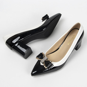 Summer Formal Fashion Trend Comfort Square Toe Patent Leather Bow Slip-On Thin 4.5cm <b>Heel</b> Pumps Ladies Shoes - Product Image 2