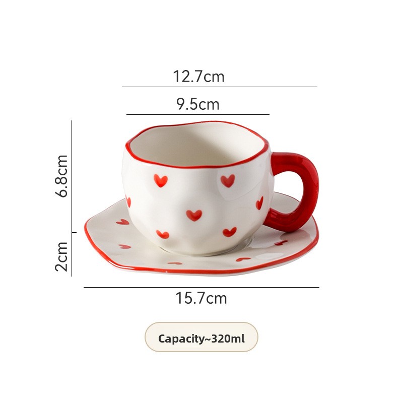 Tasse et soucoupe rouge peintes à la main - Thème amour