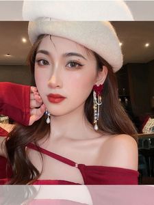Fashion Jewelry Women <b>French</b> <b>Vintage</b> Wine Red Bowknot Rhinestone Pearl Tassel Stud Earrings Alloy Gold Plated Designer - Product Image 4