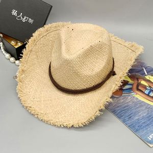 Sombrero de Paja Natural de Rafia para Hombre y Mujer, Protección Solar para la Playa y el Océano, con Cordón para la Barbilla, Estilo Vaquero, Venta al Por Mayor - Product Image 5