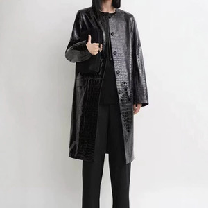 Cappotto <span class=keywords><strong>Trench</strong></span> Monopetto <span class=keywords><strong>Nero</strong></span> Personalizzato Jancoco da Donna, Lunghezza Media, in Pelle Goffrata Effetto Coccodrillo per Autunno Inverno Sera - Product Image 1