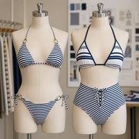 Conjunto de Bikini a Rayas con Cordones para Mujer, Fabricante de Trajes de Baño, Venta al por Mayor, Ecológico, con Logotipo Personalizado, Abalorios de Metal