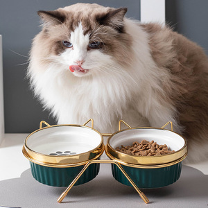<b>Cat</b> Bowl Double <b>Feeder</b> Elevated Neck Support For <b>Cats</b> With Food And Water Dish Green Gold Trim - Product Image 1