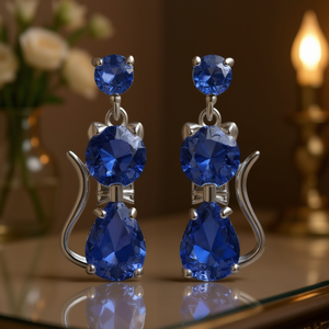 Pendientes colgantes de gato azul zafiro E3821 para mujer, joyería de moda para fiesta, con engaste de garra de aleación, piedra tallada en pera, forma de animal - Product Image 2