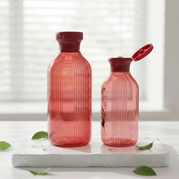 Botella Dispensadora de Plástico PET Transparente Roja con Franjas Verticales de 300ml 500ml, con Tapa Abatible, para Champú y Loción Corporal