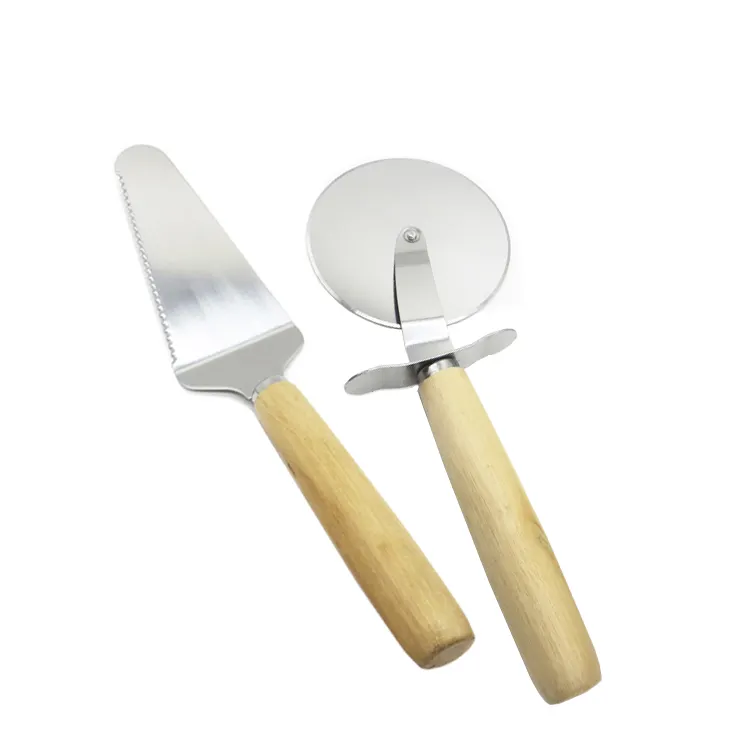 Stainless steel 2pcs Pie server and Pizza cutter set with rubber wood customized logo on laser on handle
