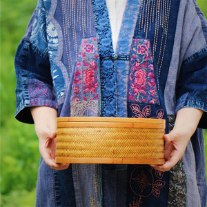 <b>Bamboo</b> Woven Storage Box Round Double Tier Handmade Kitchen Food <b>Container</b> - Product Image 2