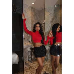 Chemisier en satin de coton et lin rouge Genji, style vintage avec broderie détails plumes, tissé, taille XL longue, pour printemps, été, automne - Product Image 4