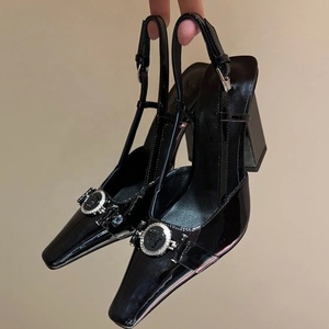 Sandales à talons hauts et épais en cuir verni pour femme, grande taille 46, avec bride de cheville, idéales pour l'extérieur, style escarpins d'été - Product Image 5