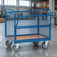 Carro de plataforma de malla de alambre de alta resistencia con recubrimiento de polvo azul, carrito de acero con cesta, carro de mano de cuatro ruedas para almacenamiento, material industrial
