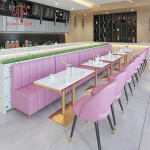 ชุดโซฟาหนังสีชมพูสำหรับร้านอาหาร พร้อมเก้าอี้เข้าชุด และโต๊ะหินอ่อนฐานสีทอง สำหรับร้านกาแฟหวาน - Product Image 2
