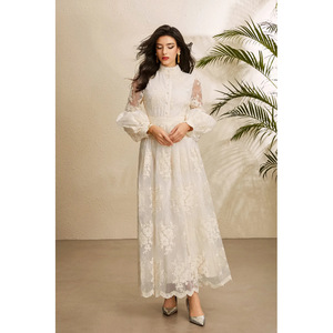Vestido Largo de Encaje Floral de Alta Calidad para Mujer, Estilo Boutique, con Mangas Abullonadas y Cintura de Encaje, Ideal para Invitadas de Boda, Estilo Francés - Product Image 5