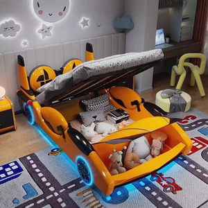 Cama Infantil con Diseño de Auto Deportivo, Cama Individual de Madera Maciza con Cabecera de Cuero, Barandilla y Luz LED - Product Image 5
