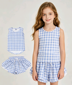 Conjuntos de Ropa Deportiva RTS para Niñas, Pantalones Cortos a Cuadros Coloridos, 2 Piezas, Nuevos Diseños de Verano para Hermanas - Product Image 1