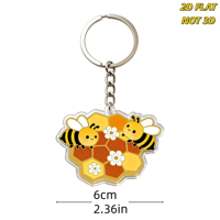 Gantungan Kunci Akrilik Lebah & Sarang Lebah Lucu Desain Kartun Dua Sisi dengan Bunga, Cincin Logam Tahan Lama untuk Kunci, Tas, Ransel