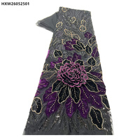 Tissu en dentelle de tulle brodé de velours 3D vintage à grandes fleurs, tissu en dentelle de velours perlé avec sequins pour robe femme