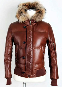 Men's <b>Brown</b> Genuine Leather Bomber <b>Jacket</b> With Fur Hood Windproof Winter Slim Fit Moto Biker Style - Product Image 1