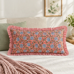 RIDHI Western Eco-Friendly Customizable Square Dusty Rose Floral Cotton Ruffle Block Print Zipper Closure Lumbar <b>Pillow</b> Cover - Product Image 1