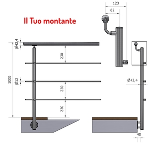 Main courante verticale A4 3 traverses SKU P110132-3 acier inoxydable satiné fixation latérale hauteur décalée main courante balustrades mains courantes - Product Image 1