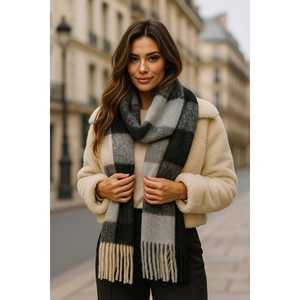 Écharpe rayée crème et gris anthracite automne-hiver Sal1270 – Écharpe longue et douce à pompons, style uni - Product Image 4