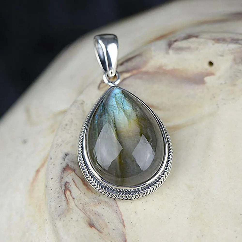 Real 925 Sterling Silver Natural Labradorite Pendant For Women Water Drop Shaped Moon Light Gemstone Fine Jewelry