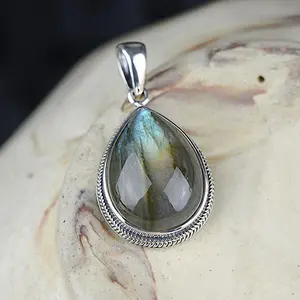 Real 925 Sterling Silver Natural Labradorite Pendant For Women Water Drop Shaped Moon Light Gemstone Fine Jewelry