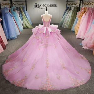 Robe de Quinceañera Jancember 6951 élégante à bretelles <span class=keywords><strong>spaghetti</strong></span>, rose, à fleurs, avec corsage bouffant et lacets - Product Image 4