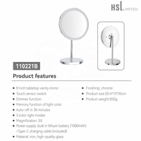 Miroir de table LED 8 pouces avec grossissement 5X, variateur tactile, lumière à mémoire 3 couleurs, rechargeable Type-C 1000 mAh, miroir chromé