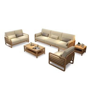 Juego de sofás en forma de L de madera maciza nórdica, sofá modular de tela para sala de estar de apartamento pequeño - Product Image 4