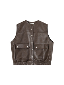 Design Round Neck <strong>Sleeveless</strong> Vest Leather Jacket <strong>Women</strong> Autumn Winter Korean Style High-end Loose <strong>Cardigan</strong> Top - Product Image 1