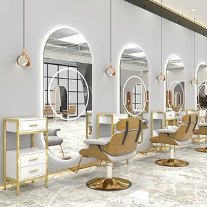 Estación de espejos para tienda de peluquero, espejo de salón de peluquería ovalado con luz led, barato - Product Image 1