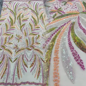 Роскошная французская вышитая бисером тюль кружева 3D цветок вышивка сетчатая кружевная ткань с бусинами для вечернего платья