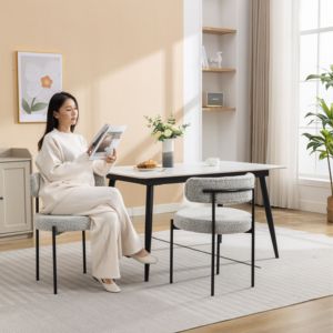 DB Burbank Modern Round Boucle Dining <b>Chairs</b> Set of 2 <b>Black</b> & White Color Scheme - Product Image 1