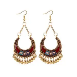 00477-10 Boho Vintage Ethnic Jewelry Gold Plated Moon Hook Earrings Golden Seed Beads Tassel Moon Drop Earrings