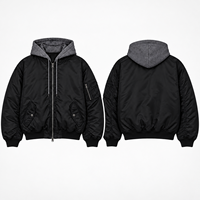 Blouson bomber noir à capuche pour homme, personnalisable avec logo, streetwear, zippé, style aviateur, décontracté, rembourré