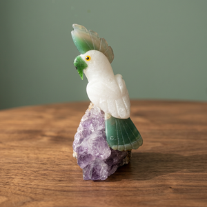 Sculpture de perroquet en zoïsite rubis/calcite blanche/chrysoprase/améthyste BJ2623 - Product Image 3
