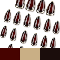 Unghie Finte 3D Cromate Bordeaux con Bordo Dorato, Stiletto Lucido Metallizzato, Nail Art per Feste Serali, Punte per Manicure 4519
