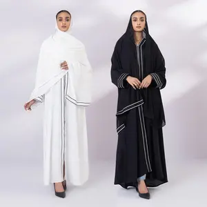 Islamic Clothing Full Length Embroidered Abaya Set Wholesale Hijab Nida Fabric Abayas With Button Through Front Opening