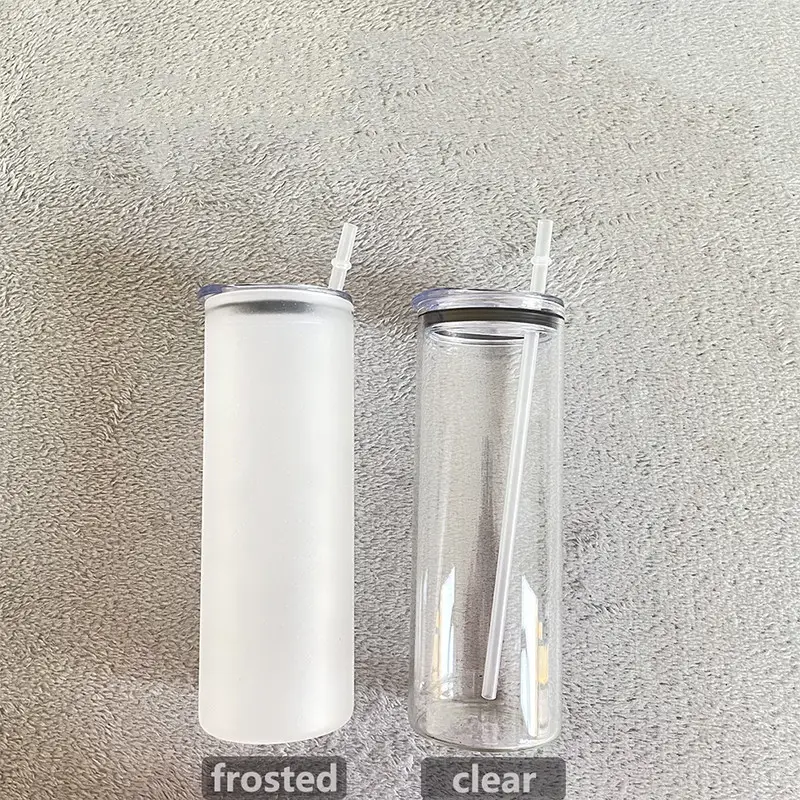 Nieuwste Blank Sublimatie 25Oz Frosted Clear Glas Cups Straight Skinny Glas Tumbler Met Slider Deksel Voor Soda Bier Iced koffie