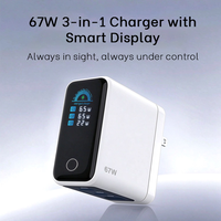 Chargeur USB C TKT 67W avec écran LCD numérique intelligent, 3 ports de charge rapide, affichage de la puissance en temps réel, adaptateur secteur pliable GaN pour iPhone
