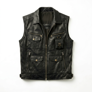 <b>Men</b> Solid Casual <b>Leather</b> <b>Vest</b> Sleeveless Zip-Up Waistcoat with Button Pockets Custom Logo ODM Winter Outerwear 400g - Product Image 1