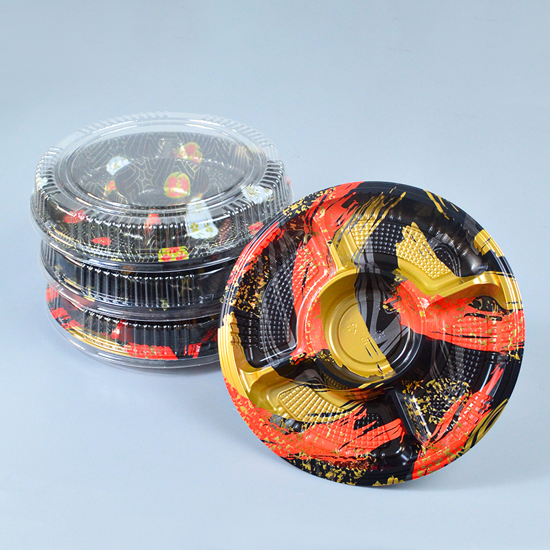 5-grid Disposable Sushi Round Plate Commercial Sashimi and Japanese Snack Platter Packaging Box With Exquisite Pattern Printing
