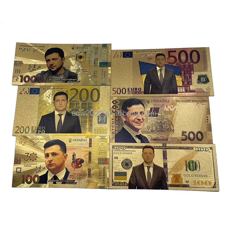 Commercio all'ingrosso ucraino Volodymyr Zelenskyy 100 200 500 1000 soldi Euro Bill 24k banconota placcata in lamina d'oro