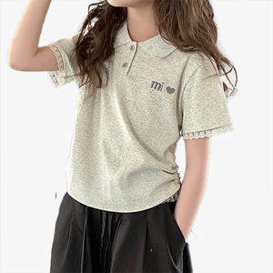 Camiseta Polo de Manga Corta para Niñas, Colección Verano 2026, Top Corto con Ribete de Encaje para Niñas Mayores, Ajuste Delgado, Manga Media, Estilo Casual - Product Image 4