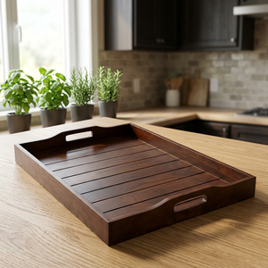 Plateau de service en bois artisanal avec bords surélevés et poignées découpées, plateau rectangulaire rustique pour le petit-déjeuner, pour lit, canapé et décoration intérieure - Product Image 5